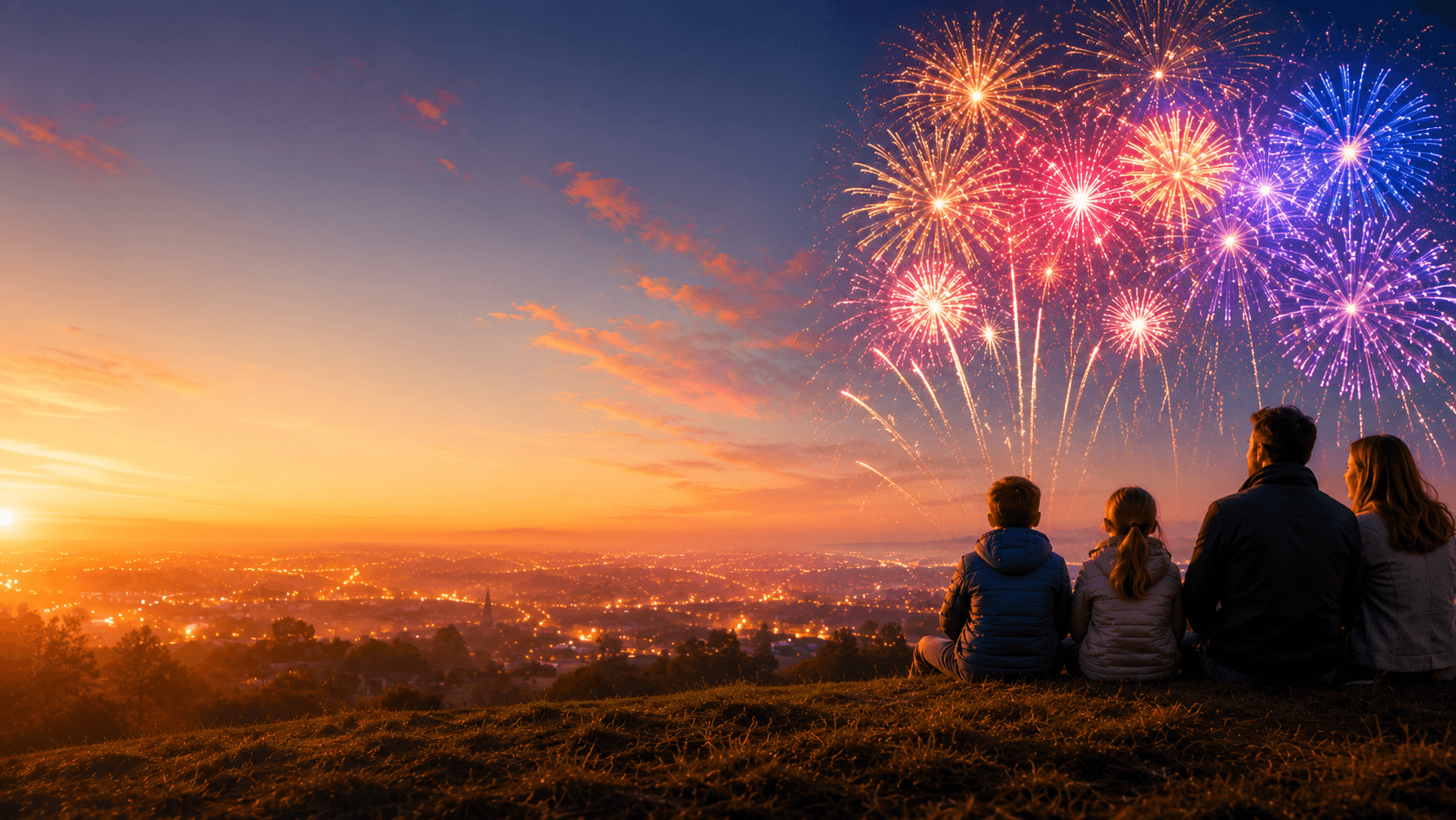 A family watching fireworks over a town